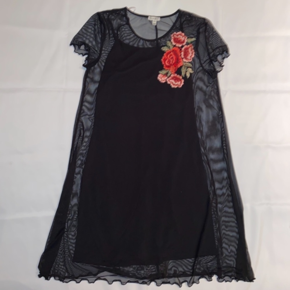 Love, Fire Black Slip Dress w/ Short Sleeve Mesh Floral Embroidered Overlay
